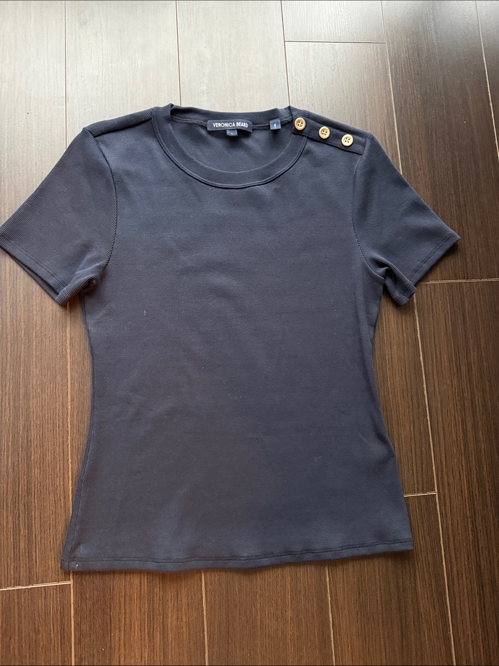 Veronica Beard Navy Short Sleeve Knit Top with Gold Shoulder Buttons